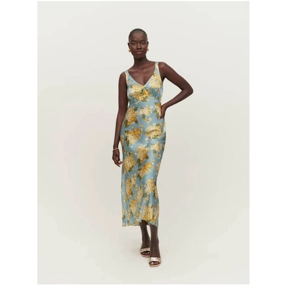 REFORMATION SILK Floral Blue and Yellow Maxi Dress SIZE SMAL - Picture 3 of 11